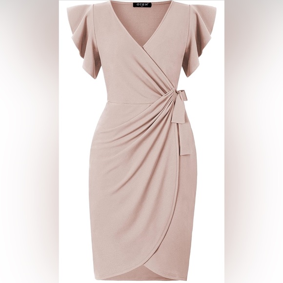 OTEN Womens Deep V Neck Ruffle Sleeve Sheath Casual Cocktail Wrap Dress Size L - Picture 2 of 4